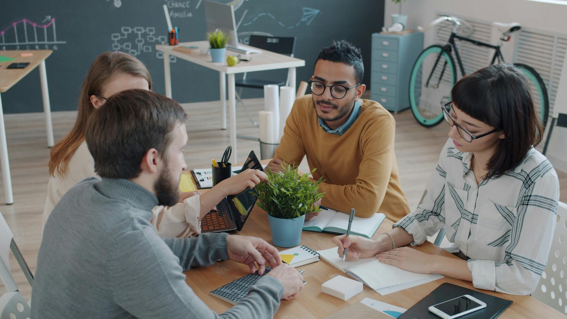 Corporate workers brainstorming together