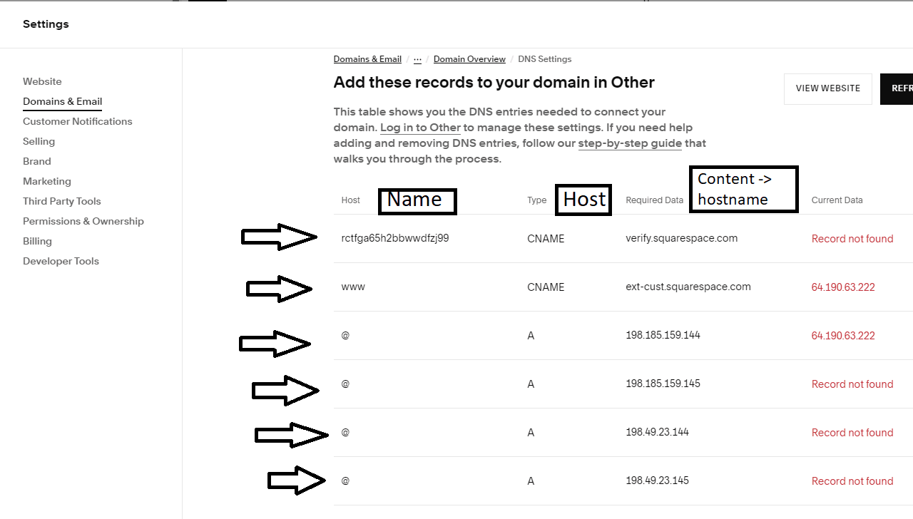 DNS records from squarespace