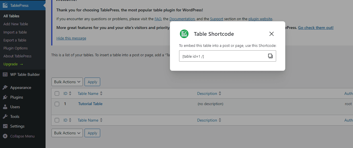 How to add table in wordpress- Method 2 -show shortcode for table