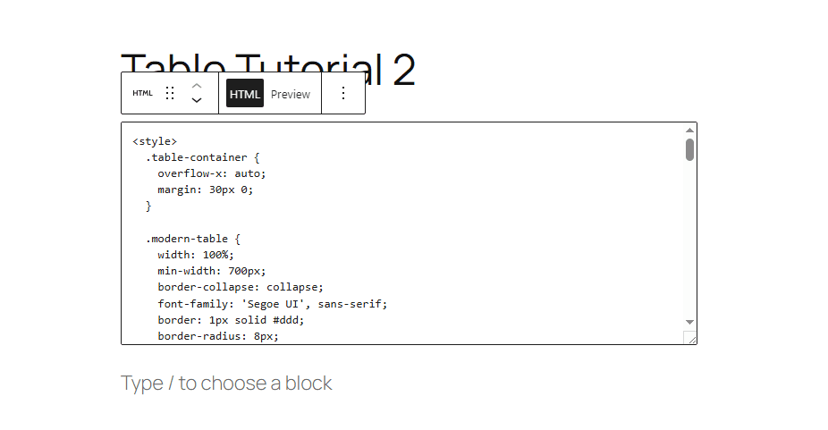 How to add table in wordpress- Method 3 -HTML Code - Paste the code