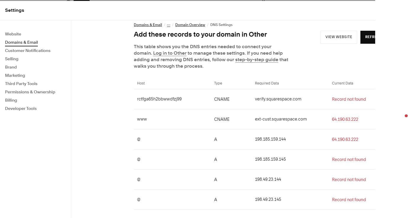 DNS records from Squarespace